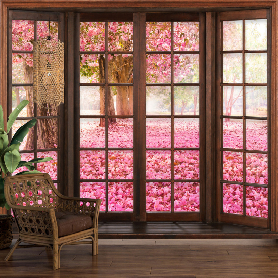 Optical Illusion Panoramic Wood Window Wall Mural / Wallpaper - Trees with pink flowers