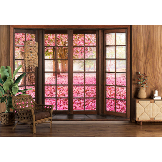 Optical Illusion Panoramic Wood Window Wall Mural / Wallpaper - Trees with pink flowers