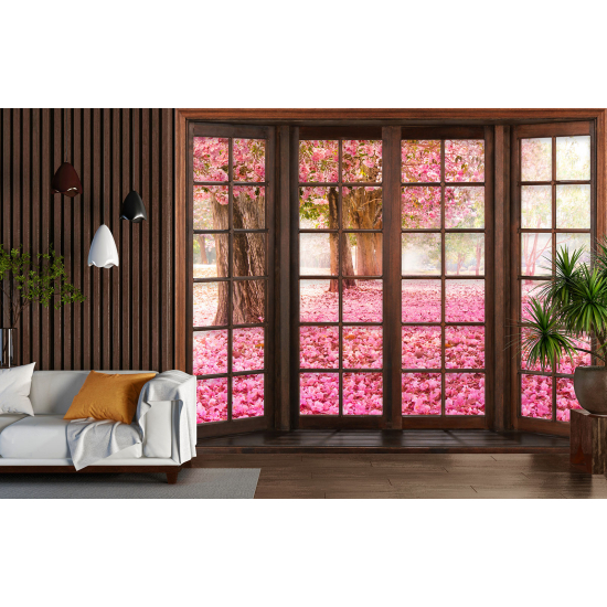 Optical Illusion Panoramic Wood Window Wall Mural / Wallpaper - Trees with pink flowers