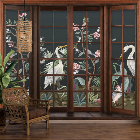 Optical Illusion Panoramic Wood Window Wall Mural / Wallpaper - Tropical Birds