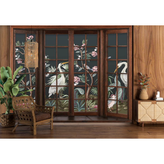 Optical Illusion Panoramic Wood Window Wall Mural / Wallpaper - Tropical Birds