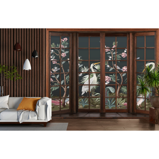 Optical Illusion Panoramic Wood Window Wall Mural / Wallpaper - Tropical Birds