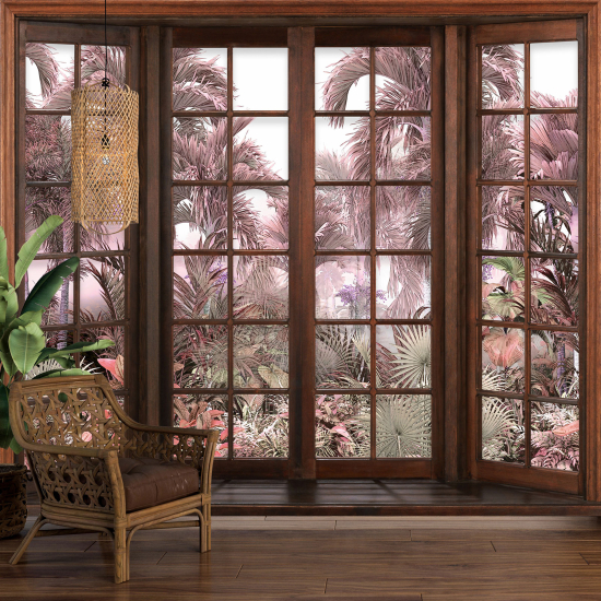 Optical Illusion Panoramic Wood Window Wall Mural / Wallpaper - Tropical Forest