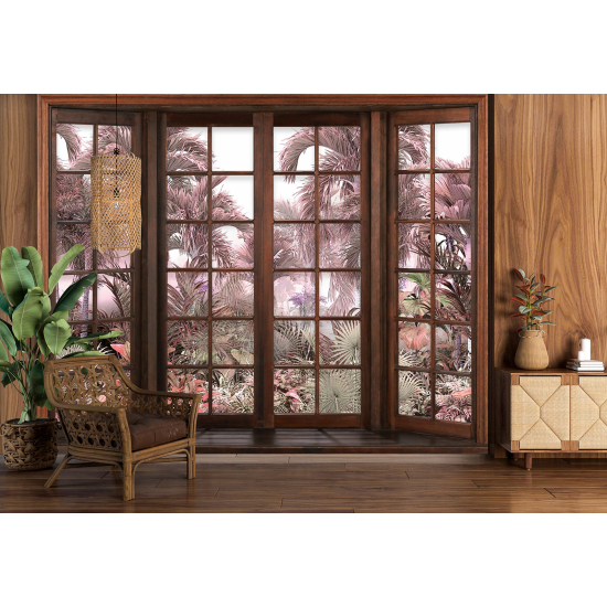 Optical Illusion Panoramic Wood Window Wall Mural / Wallpaper - Tropical Forest