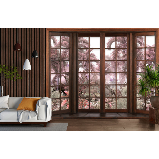 Optical Illusion Panoramic Wood Window Wall Mural / Wallpaper - Tropical Forest