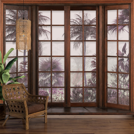 Optical Illusion Panoramic Wood Window Wall Mural / Wallpaper - Tropical Forest