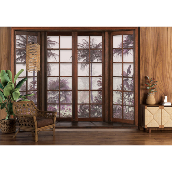 Optical Illusion Panoramic Wood Window Wall Mural / Wallpaper - Tropical Forest