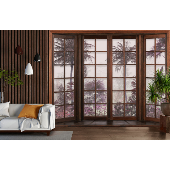 Optical Illusion Panoramic Wood Window Wall Mural / Wallpaper - Tropical Forest