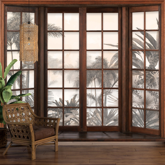 Optical Illusion Panoramic Wood Window Wall Mural / Wallpaper - Tropical Forest