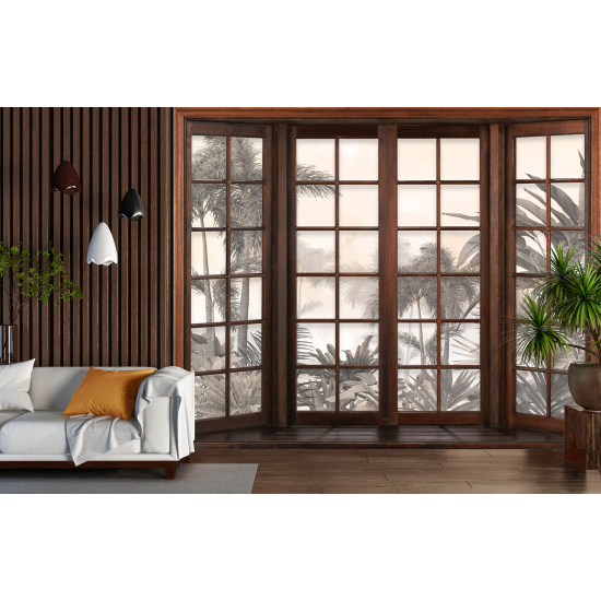 Optical Illusion Panoramic Wood Window Wall Mural / Wallpaper - Tropical Forest