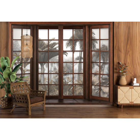 Optical Illusion Panoramic Wood Window Wall Mural / Wallpaper - Tropical Forest