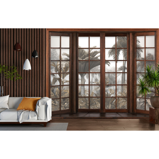 Optical Illusion Panoramic Wood Window Wall Mural / Wallpaper - Tropical Forest