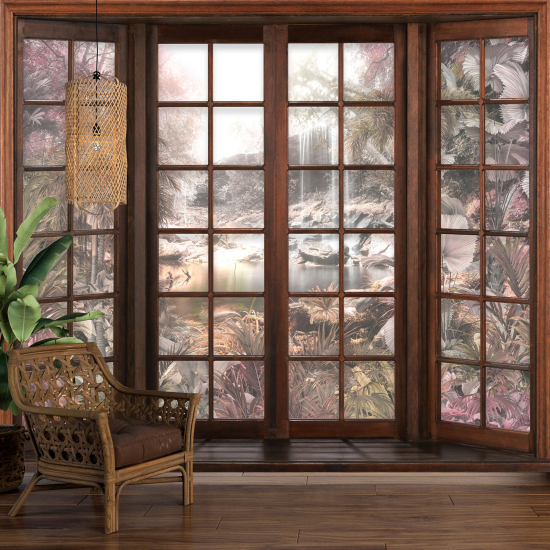 Optical Illusion Panoramic Wood Window Wall Mural / Wallpaper - Tropical Forest