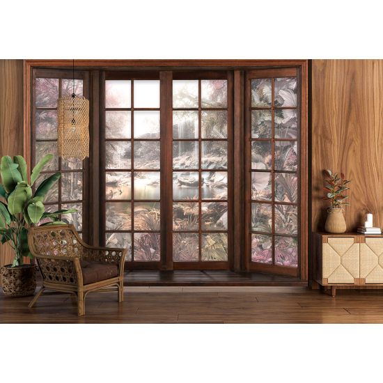 Optical Illusion Panoramic Wood Window Wall Mural / Wallpaper - Tropical Forest