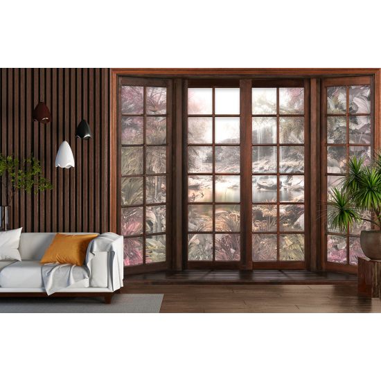 Optical Illusion Panoramic Wood Window Wall Mural / Wallpaper - Tropical Forest