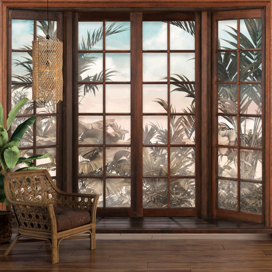 Optical Illusion Panoramic Wood Window Wall Mural / Wallpaper - Tropical Forest