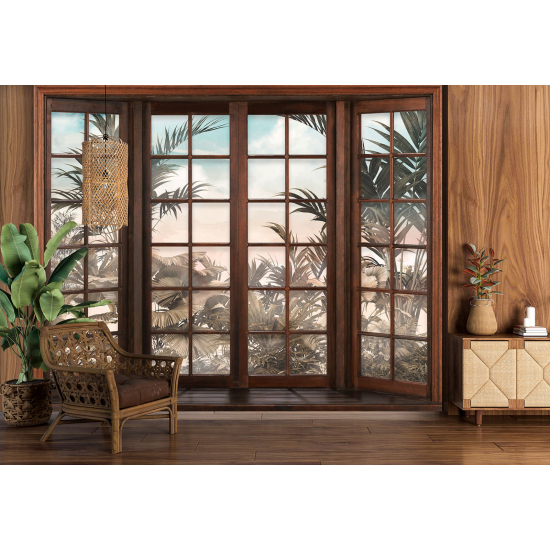 Optical Illusion Panoramic Wood Window Wall Mural / Wallpaper - Tropical Forest