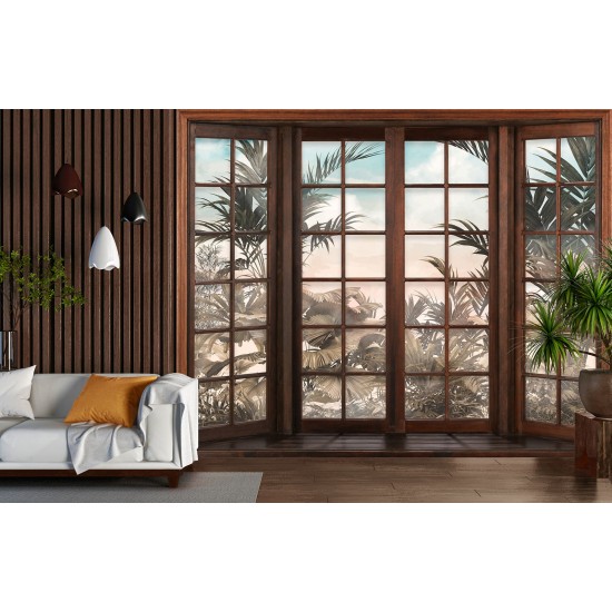 Optical Illusion Panoramic Wood Window Wall Mural / Wallpaper - Tropical Forest