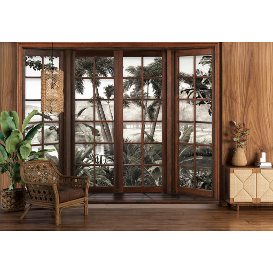 Optical Illusion Panoramic Wood Window Wall Mural / Wallpaper - Tropical Forest