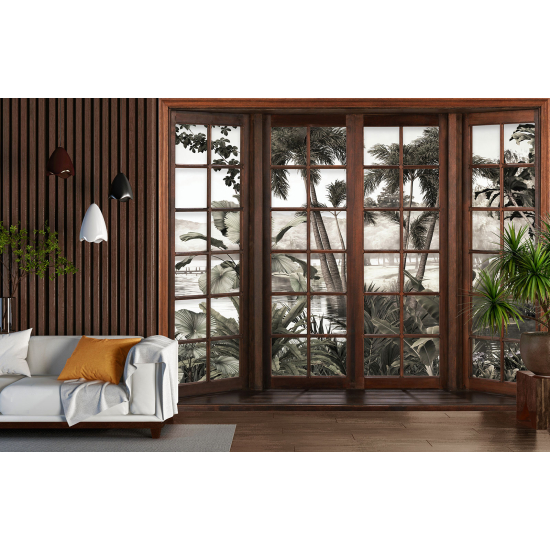 Optical Illusion Panoramic Wood Window Wall Mural / Wallpaper - Tropical Forest