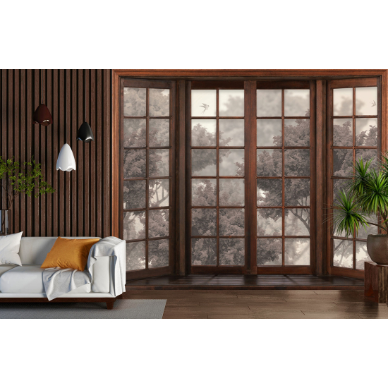 Optical Illusion Panoramic Wood Window Wall Mural / Wallpaper - Tropical Forest