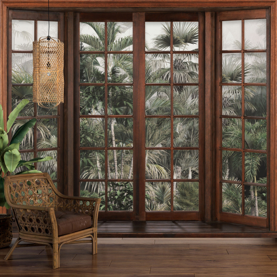 Optical Illusion Panoramic Wood Window Wall Mural / Wallpaper - Tropical Forest