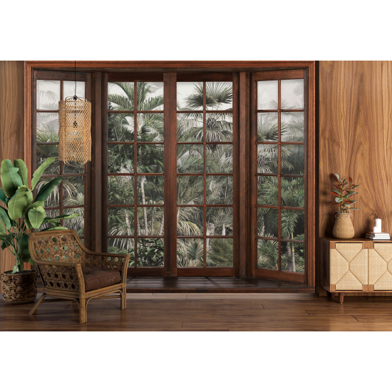 Optical Illusion Panoramic Wood Window Wall Mural / Wallpaper - Tropical Forest