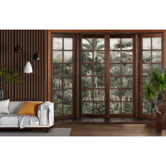 Optical Illusion Panoramic Wood Window Wall Mural / Wallpaper - Tropical Forest