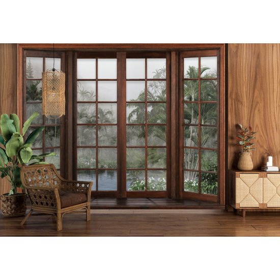 Optical Illusion Panoramic Wood Window Wall Mural / Wallpaper - Tropical Forest