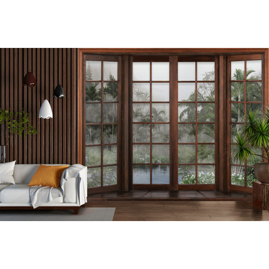 Optical Illusion Panoramic Wood Window Wall Mural / Wallpaper - Tropical Forest