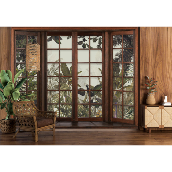 Optical Illusion Panoramic Wood Window Wall Mural / Wallpaper - Tropical Forest