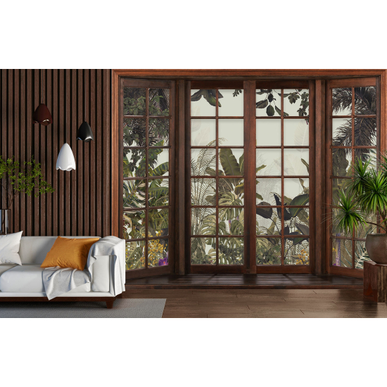 Optical Illusion Panoramic Wood Window Wall Mural / Wallpaper - Tropical Forest