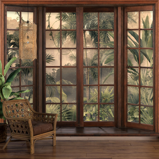 Optical Illusion Panoramic Wood Window Wall Mural / Wallpaper - Tropical Forest