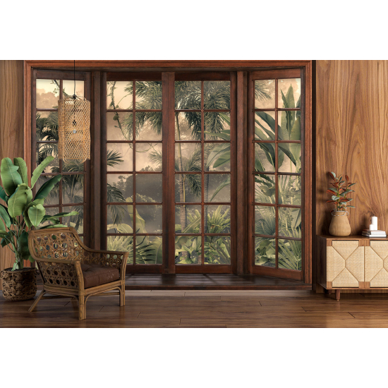 Optical Illusion Panoramic Wood Window Wall Mural / Wallpaper - Tropical Forest