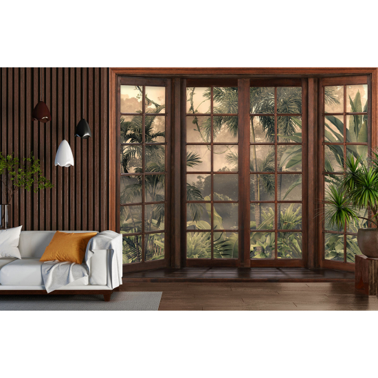 Optical Illusion Panoramic Wood Window Wall Mural / Wallpaper - Tropical Forest