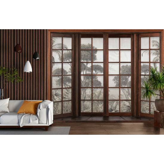 Optical Illusion Panoramic Wood Window Wall Mural / Wallpaper - Tropical Forest