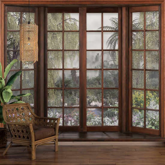 Optical Illusion Panoramic Wood Window Wall Mural / Wallpaper - Tropical Forest