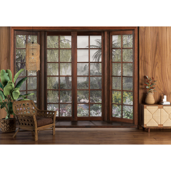 Optical Illusion Panoramic Wood Window Wall Mural / Wallpaper - Tropical Forest