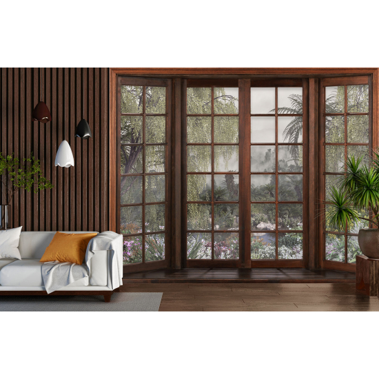 Optical Illusion Panoramic Wood Window Wall Mural / Wallpaper - Tropical Forest