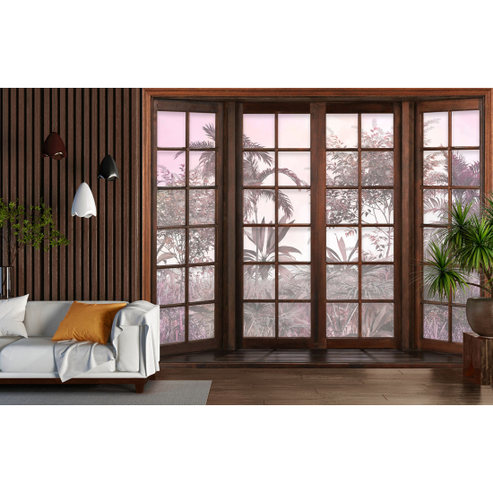 Optical Illusion Panoramic Wood Window Wall Mural / Wallpaper - Tropical Forest