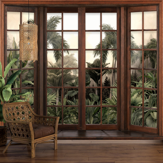 Optical Illusion Panoramic Wood Window Wall Mural / Wallpaper - Tropical Forest