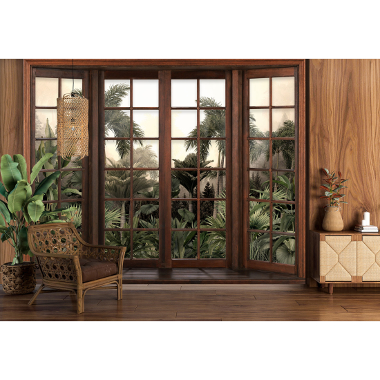 Optical Illusion Panoramic Wood Window Wall Mural / Wallpaper - Tropical Forest