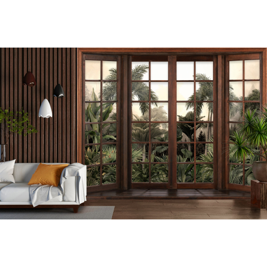 Optical Illusion Panoramic Wood Window Wall Mural / Wallpaper - Tropical Forest