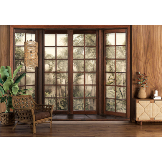 Optical Illusion Panoramic Wood Window Wall Mural / Wallpaper - Tropical Forest