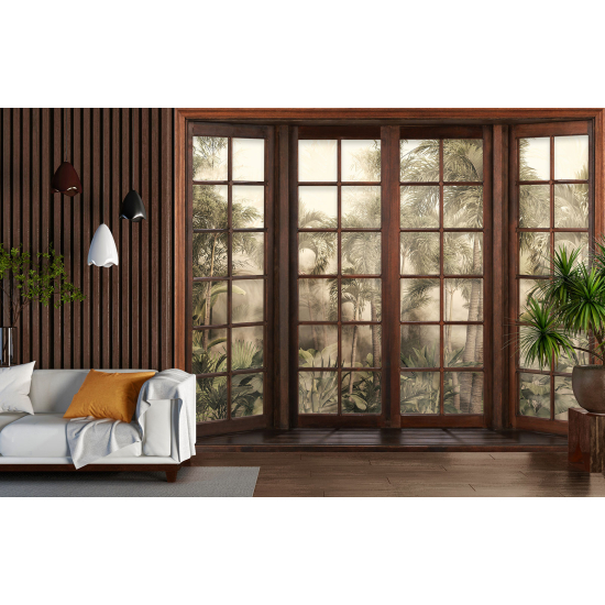 Optical Illusion Panoramic Wood Window Wall Mural / Wallpaper - Tropical Forest