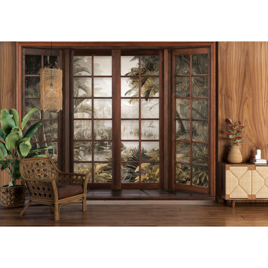 Optical Illusion Panoramic Wood Window Wall Mural / Wallpaper - Tropical Forest