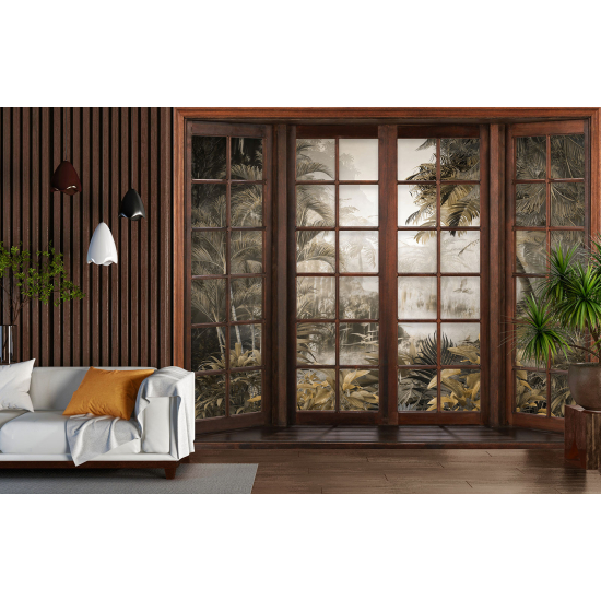 Optical Illusion Panoramic Wood Window Wall Mural / Wallpaper - Tropical Forest