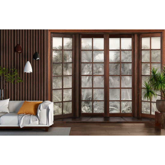 Optical Illusion Panoramic Wood Window Wall Mural / Wallpaper - Tropical Forest