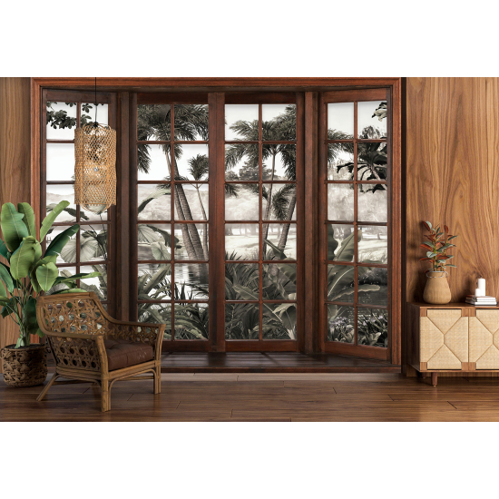 Optical Illusion Panoramic Wood Window Wall Mural / Wallpaper - Tropical Forest