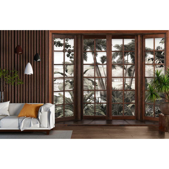 Optical Illusion Panoramic Wood Window Wall Mural / Wallpaper - Tropical Forest